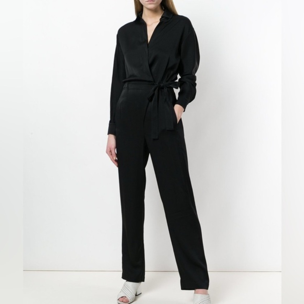 VINCE Black Waist Tie Wrap Silky Stretch Long Sleeve Jumpsuit